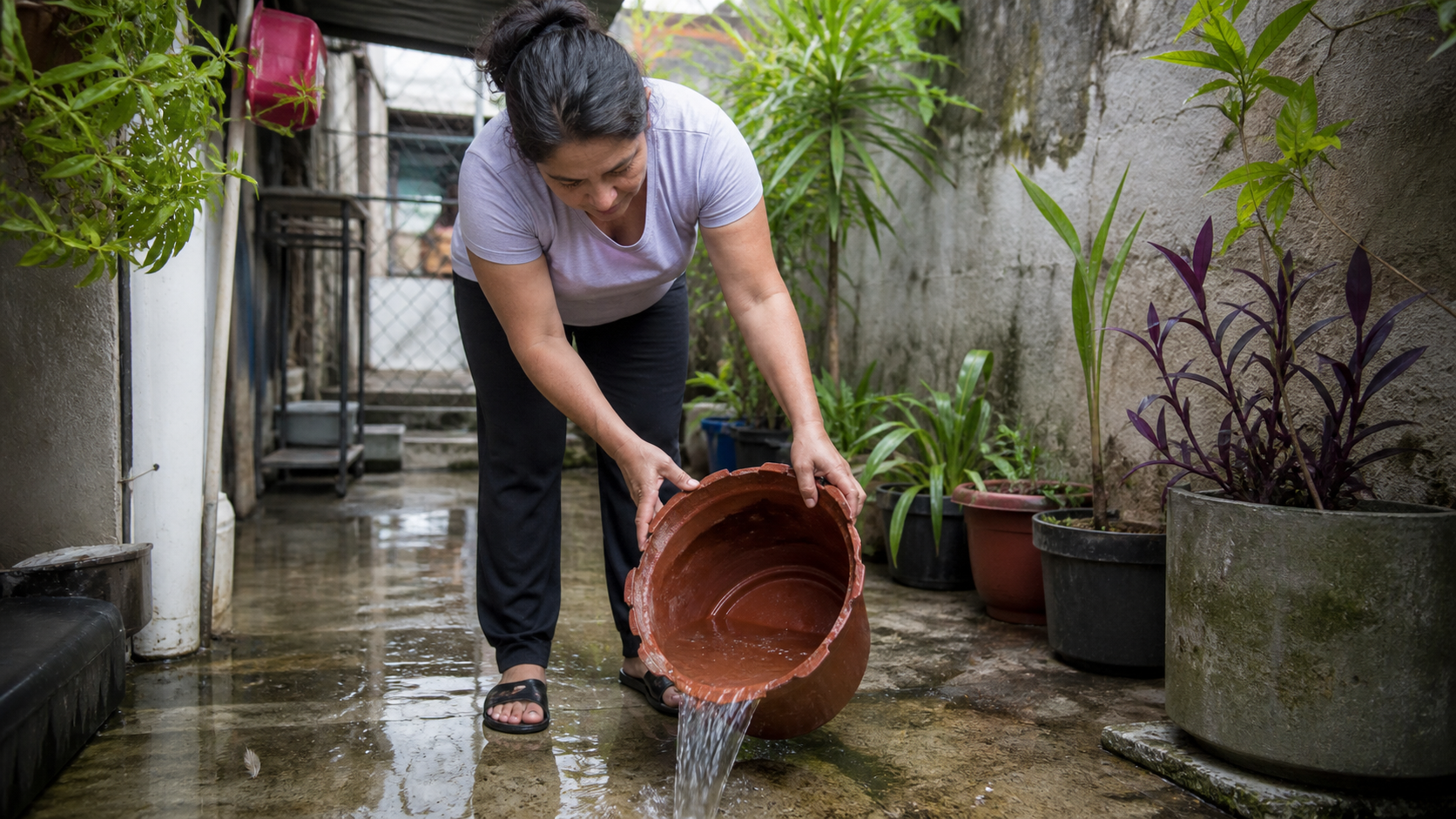 Persona vaciando agua de una maceta en un patio mexicano después de una lluvia