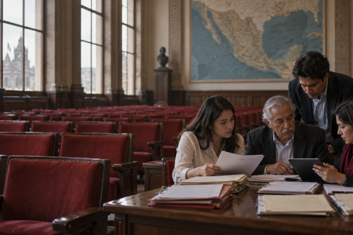 Organizadores revisan registros de afiliación en un salón político con asientos rojos y un mapa de México.