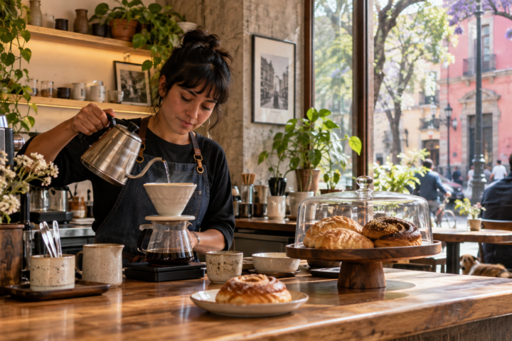 Cafetería de barrio en la Ciudad de México con café servido en cerámica y una calle urbana al fondo.