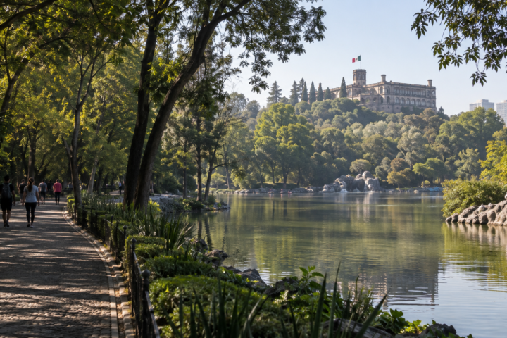 Sendero arbolado del Bosque de Chapultepec con el lago y el castillo al fondo en la Ciudad de México.