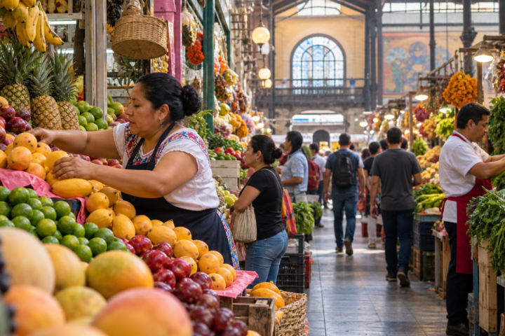 Mercado público de la Ciudad de México con puestos y visitantes