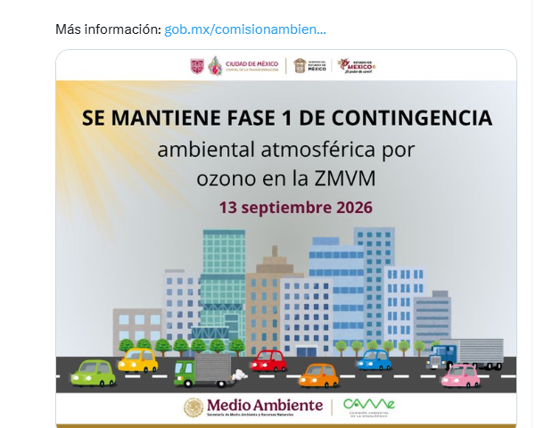 Aviso oficial de Fase I de contingencia ambiental por ozono en la ZMVM para el 13 de septiembre de 2026
