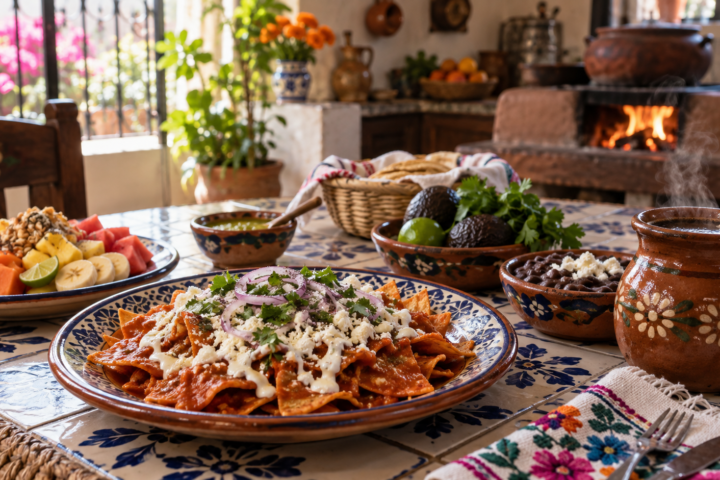 Desayuno mexicano de temporada servido en vajilla tradicional