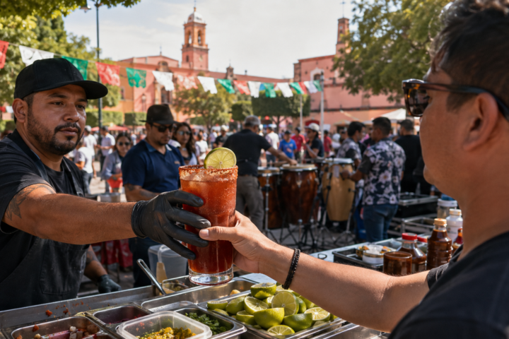 Vendedor entrega una michelada escarchada a un visitante mientras se preparan puestos de comida y músicos en una plaza de Villagrán.