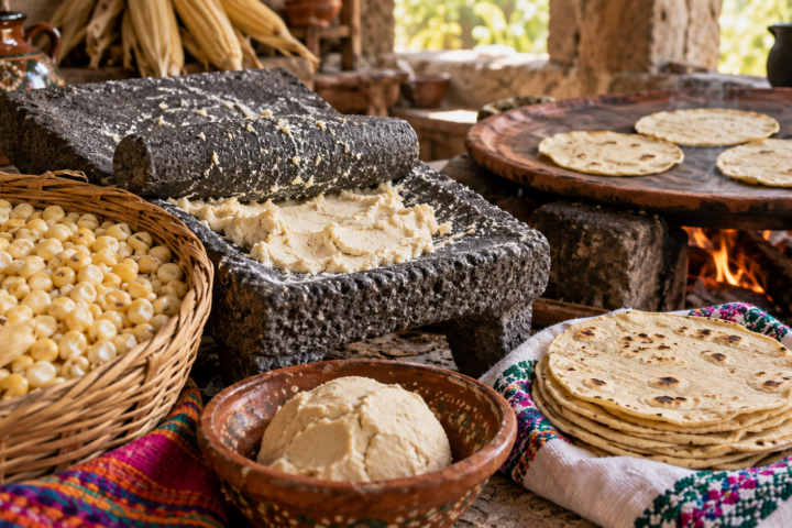 Maíz nixtamalizado y utensilios tradicionales de cocina mexicana