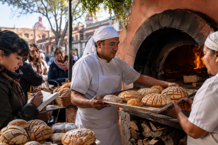 Personas frente a un horno de panadería en una feria urbana de Coyoacán, con una charola de panes recién horneados a punto de salir y público observando.