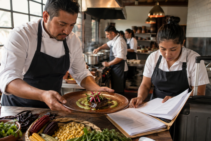Chef y brigada de un restaurante mexiquense revisan documentos mientras presentan un platillo mexicano y preparan una maleta para viajar a París.