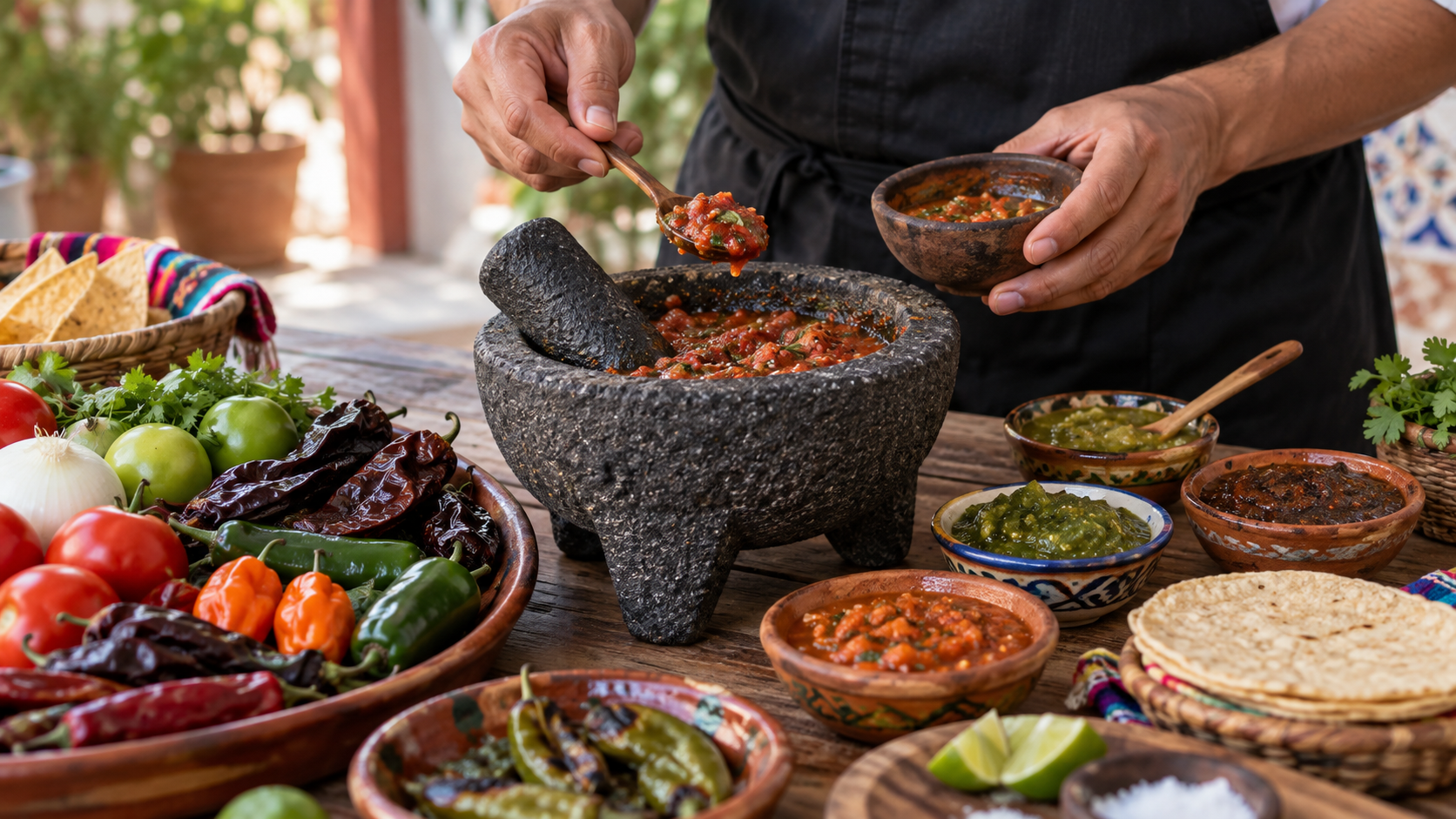 Imagen editorial para: Salsas de mesa: guía para reconocer chiles, texturas y maridajes
