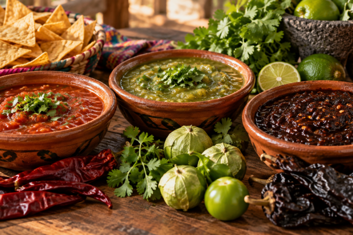 Salsas mexicanas de distintos colores y texturas en mesa de barro
