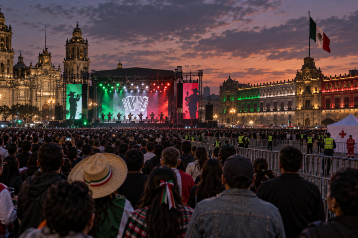 Zócalo de la Ciudad de México iluminado para el Grito de Independencia con público y escenario musical