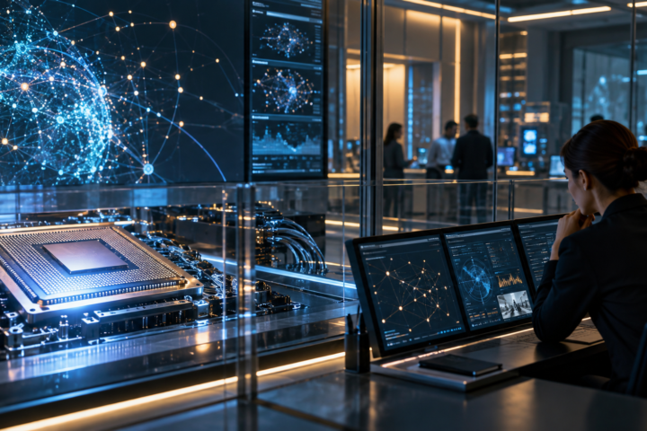 Centro de cómputo con un chip de inteligencia artificial y una analista frente a paneles de supervisión.