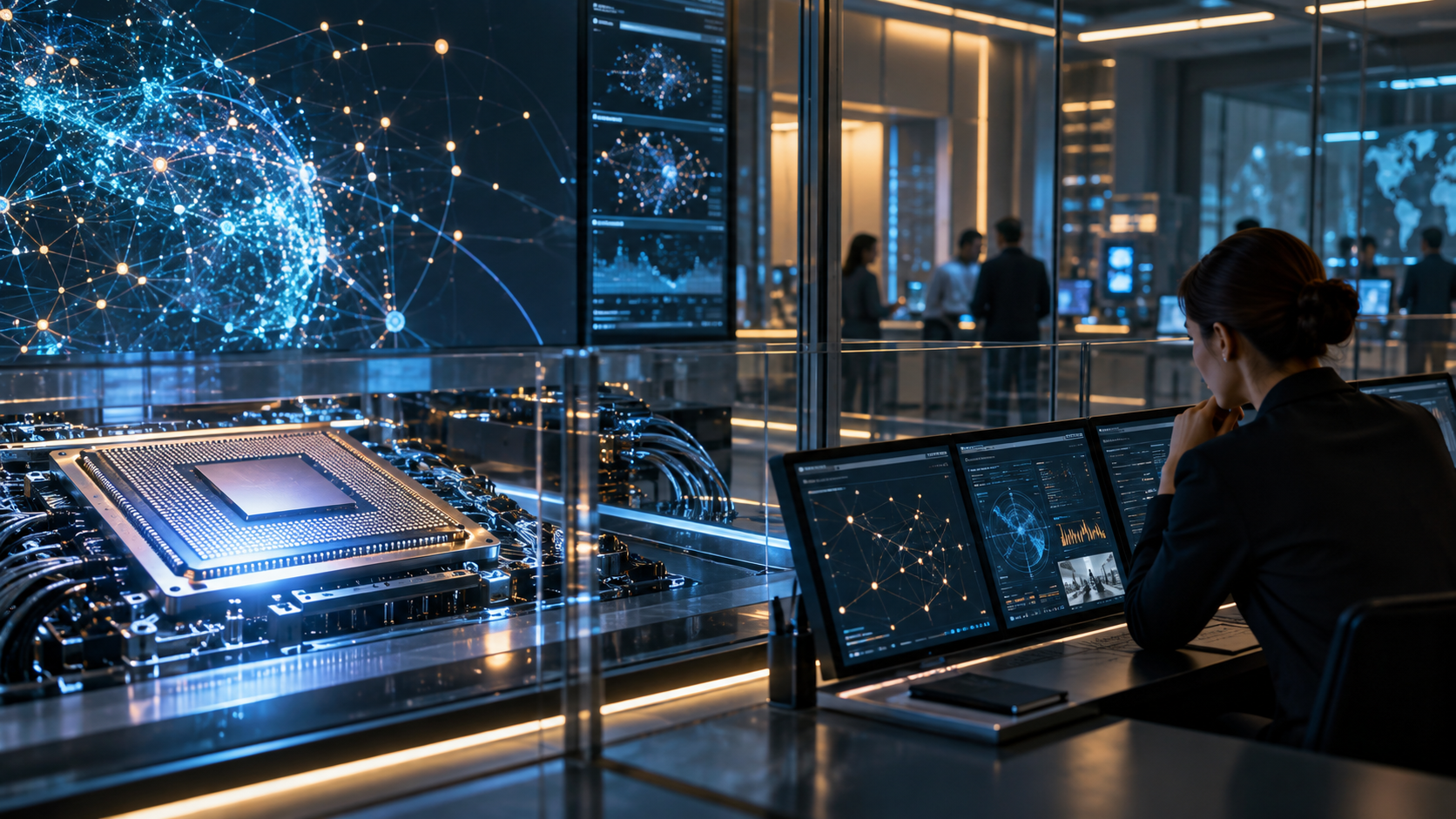Centro de cómputo con un chip de inteligencia artificial y una analista frente a paneles de supervisión.