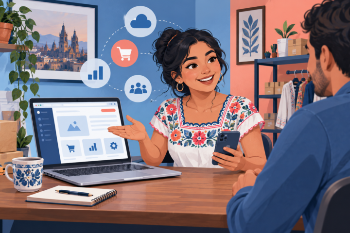 Emprendedor ofreciendo servicios digitales desde una computadora