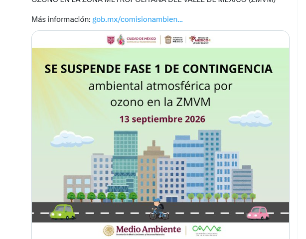 Comunicado oficial de CAMe sobre la suspensión de la Fase 1 de contingencia ambiental por ozono en la Zona Metropolitana del Valle de México, fechado el 13 de septiembre de 2026.