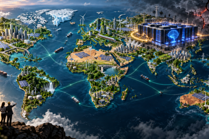 Mapa mundial que muestra infraestructura de energías limpias, centros de datos y zonas de riesgo climático.
