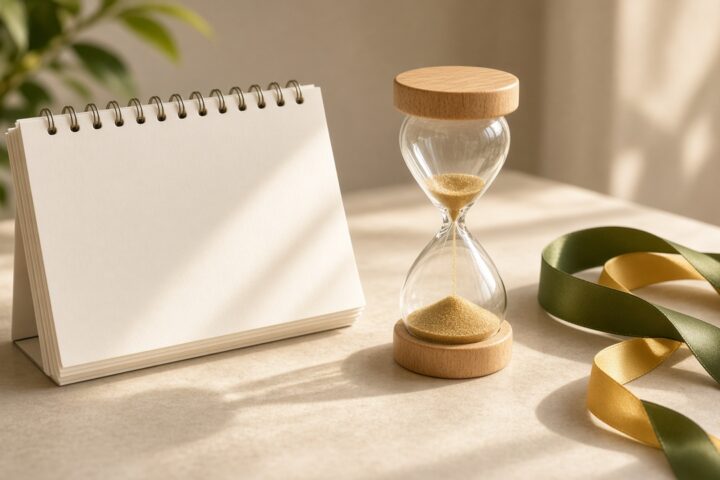 Calendario de escritorio en blanco junto a un reloj de arena y un listón verde y amarillo