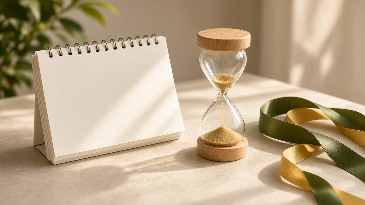 Calendario de escritorio en blanco junto a un reloj de arena y un listón verde y amarillo