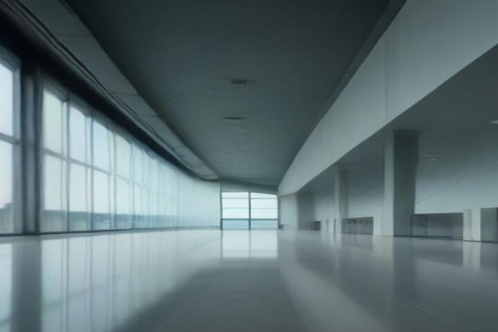 Pasillo vacío de una terminal aérea con ventanales altos y piso brillante al amanecer
