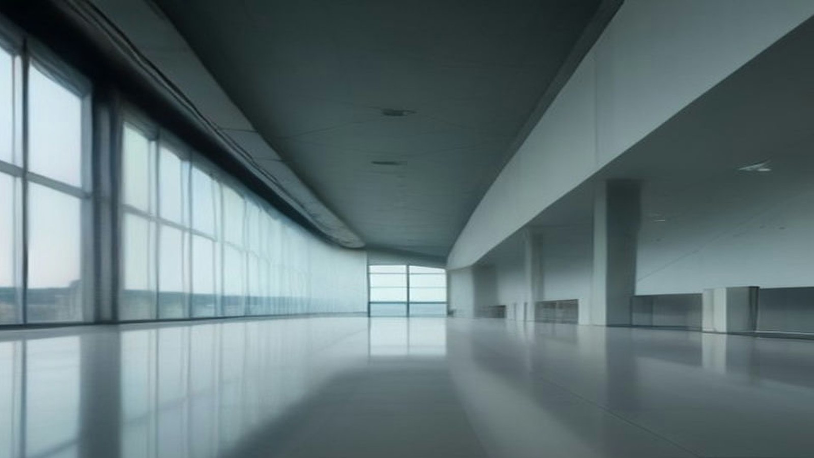 Pasillo vacío de una terminal aérea con ventanales altos y piso brillante al amanecer