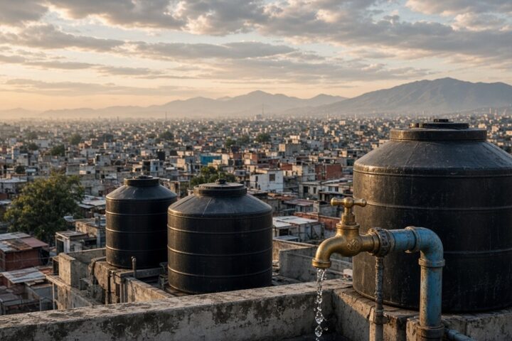 Tinacos negros y una llave de latón goteando sobre una azotea de la Ciudad de México al atardecer, con casas y montañas al fondo