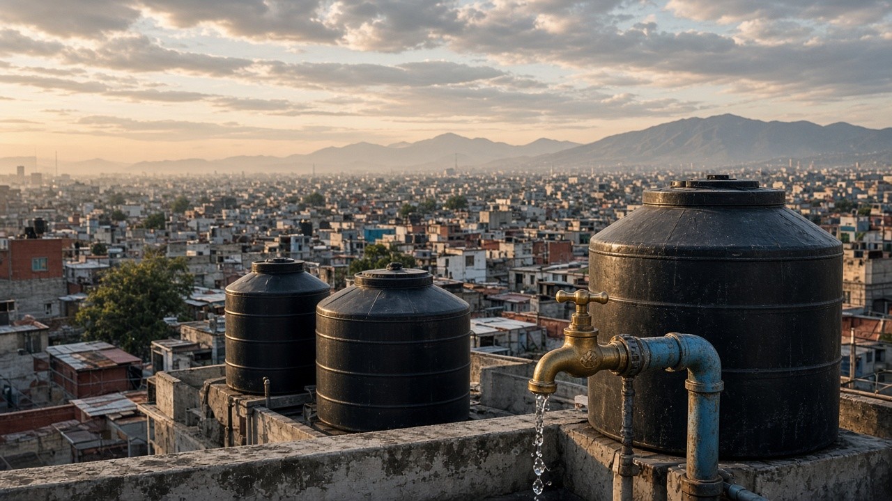 Tinacos negros y una llave de latón goteando sobre una azotea de la Ciudad de México al atardecer, con casas y montañas al fondo