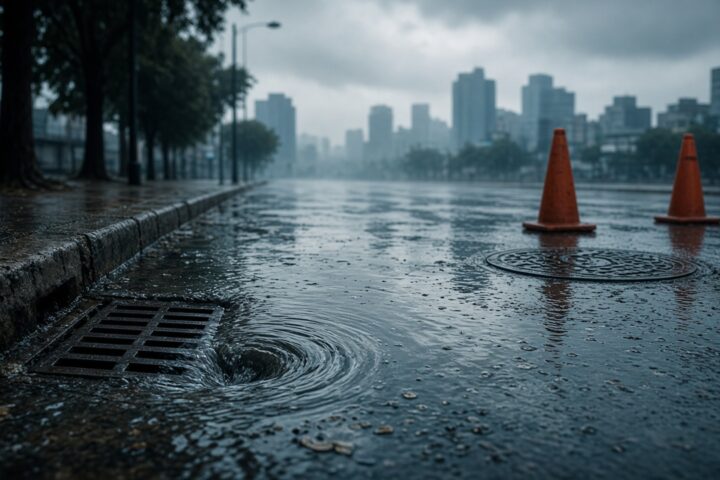 Calle de la Ciudad de México con encharcamiento y coladera tras la lluvia, sin personas