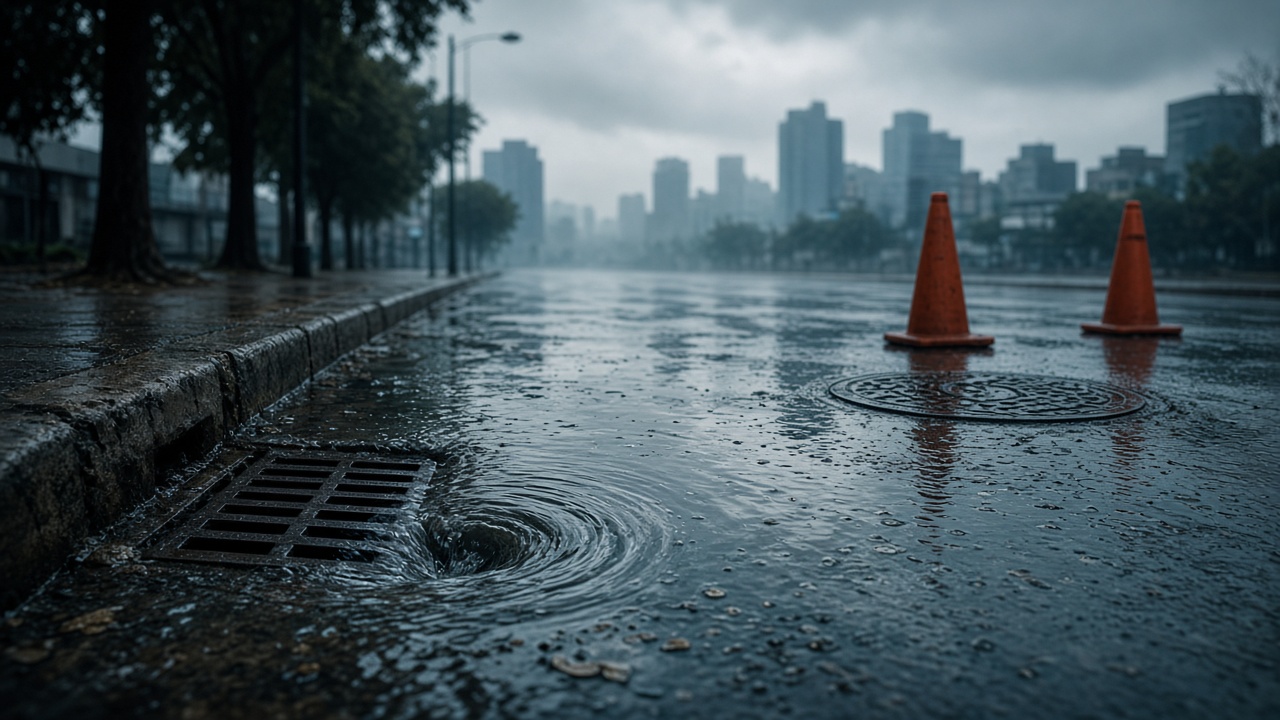 Calle de la Ciudad de México con encharcamiento y coladera tras la lluvia, sin personas