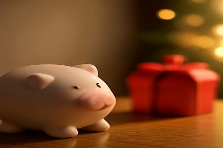 Alcancía de cerámica en forma de cochinito sobre una mesa de madera junto a una caja de regalo roja con moño y luces navideñas al fondo