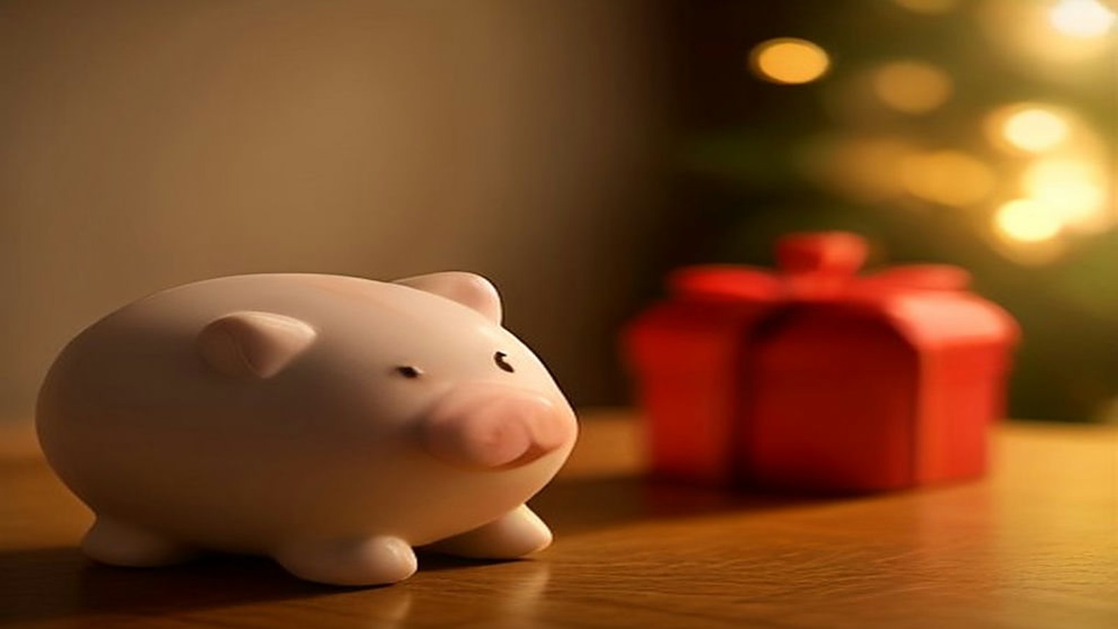 Alcancía de cerámica en forma de cochinito sobre una mesa de madera junto a una caja de regalo roja con moño y luces navideñas al fondo