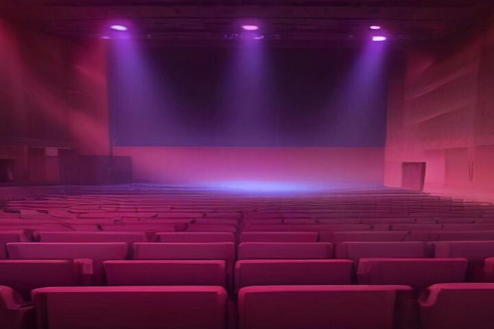Auditorio de conciertos vacío con filas de butacas rojas y un escenario iluminado con luces rosas y moradas entre bruma