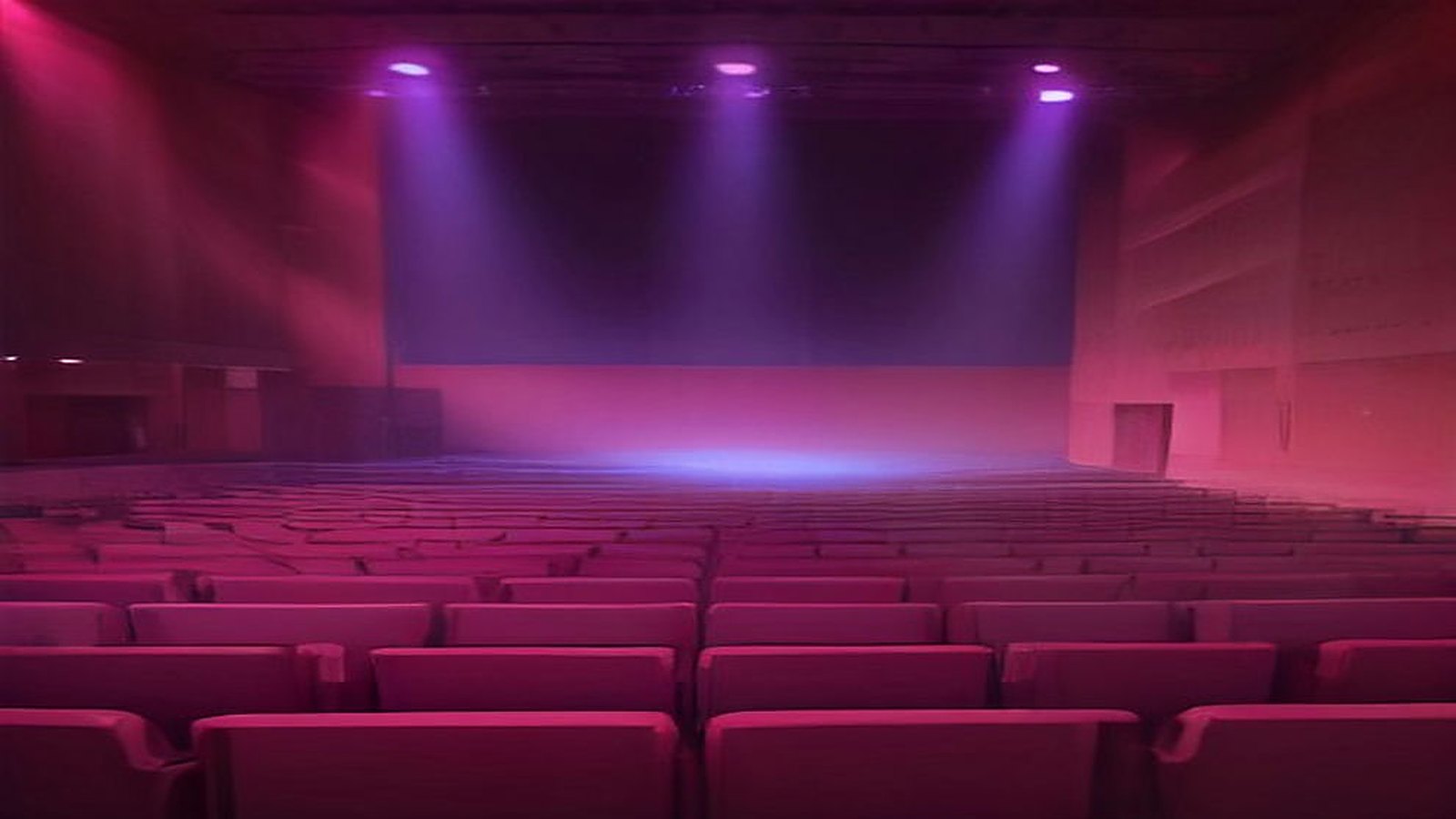 Auditorio de conciertos vacío con filas de butacas rojas y un escenario iluminado con luces rosas y moradas entre bruma