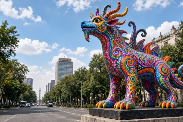 Alebrijes monumentales coloridos exhibidos sobre Paseo de la Reforma en la Ciudad de México