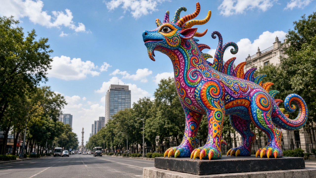 Alebrijes monumentales coloridos exhibidos sobre Paseo de la Reforma en la Ciudad de México