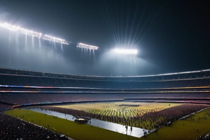 Estadio al aire libre de noche con reflectores encendidos entre la neblina y la llovizna, gradas llenas y una multitud lejana sobre la cancha mojada durante un concierto