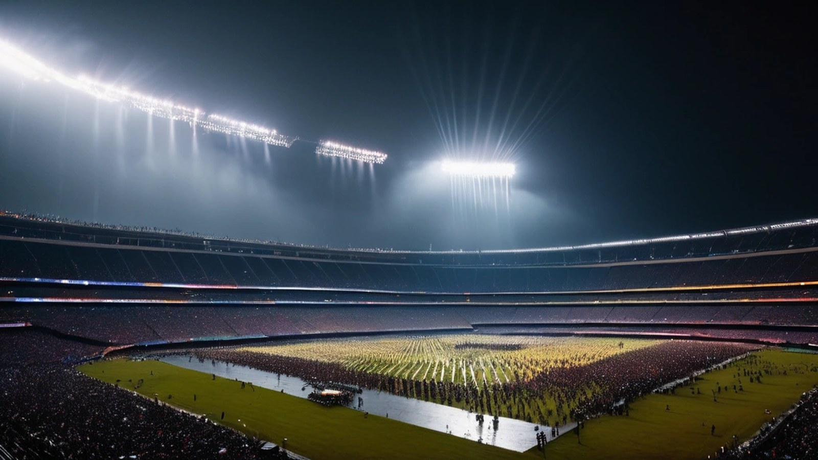 Estadio al aire libre de noche con reflectores encendidos entre la neblina y la llovizna, gradas llenas y una multitud lejana sobre la cancha mojada durante un concierto