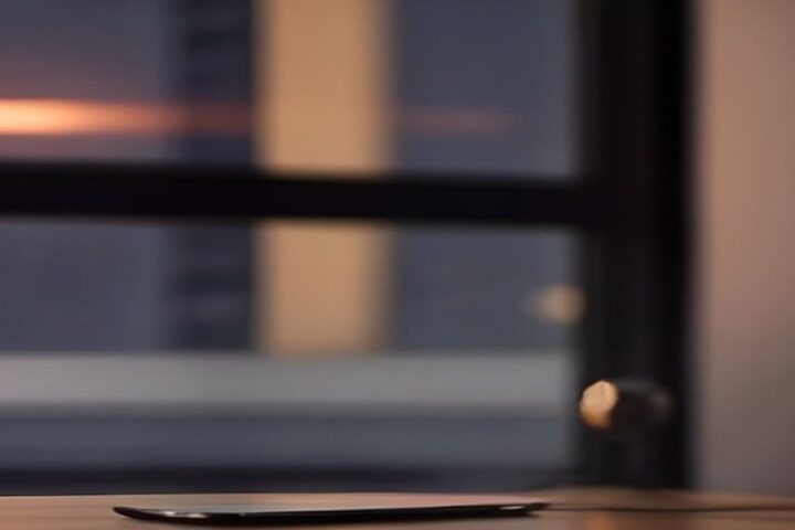Escritorio de madera con un teléfono celular apenas visible en primer plano frente a una ventana desenfocada con luces de la ciudad al anochecer