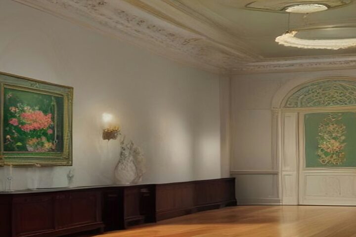 Sala de estilo clásico con un cuadro de flores en marco dorado, una puerta con vitral ornamental, una lámpara de techo y piso de madera