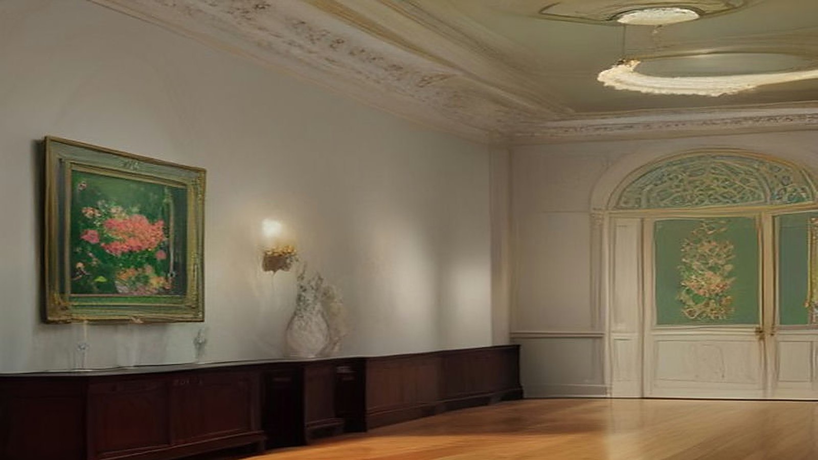 Sala de estilo clásico con un cuadro de flores en marco dorado, una puerta con vitral ornamental, una lámpara de techo y piso de madera