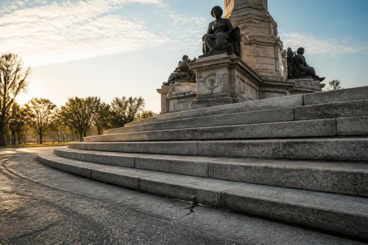 Escalinata de cantera gris al pie de una columna monumental con esculturas de bronce en una glorieta arbolada de la Ciudad de México al amanecer