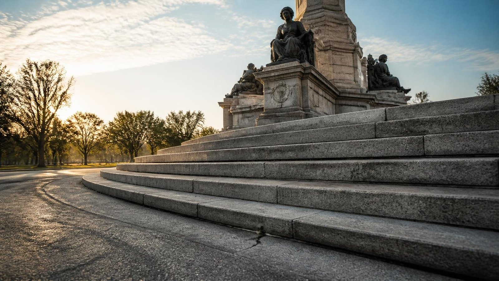 Escalinata de cantera gris al pie de una columna monumental con esculturas de bronce en una glorieta arbolada de la Ciudad de México al amanecer