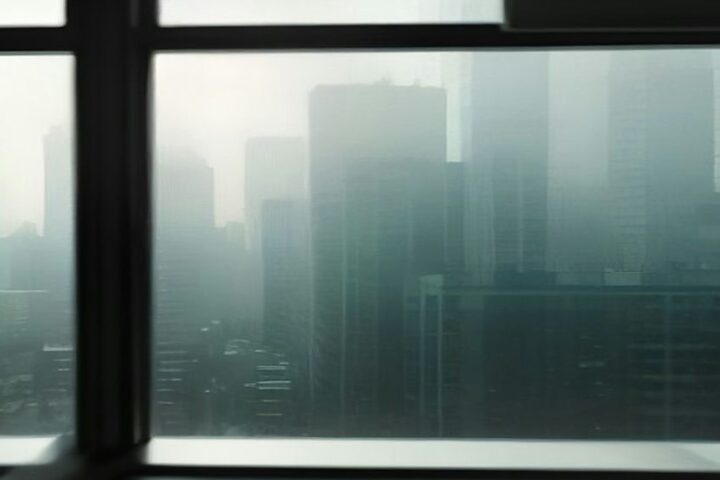 Vista desde una ventana alta hacia un horizonte de edificios envueltos en neblina grisácea, con el marco oscuro en primer plano