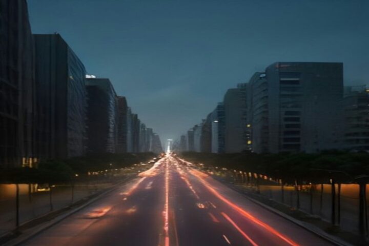 Avenida amplia flanqueada por edificios y árboles al anochecer, con estelas de luz de autos