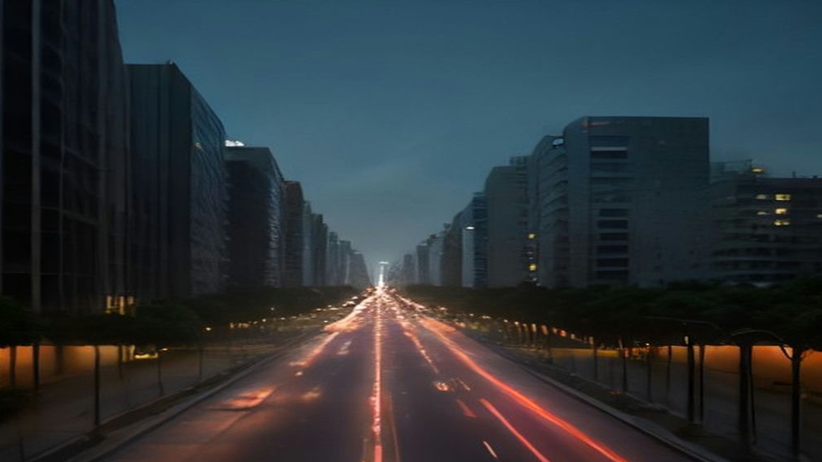 Avenida amplia flanqueada por edificios y árboles al anochecer, con estelas de luz de autos