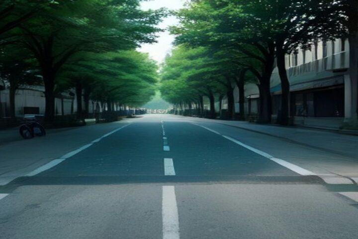 Avenida amplia y vacía flanqueada por árboles frondosos y edificios, con carriles marcados en el asfalto bajo luz de mañana