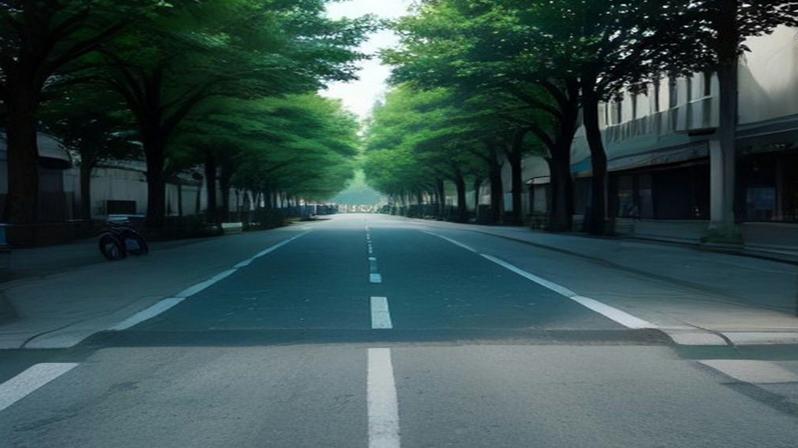 Avenida amplia y vacía flanqueada por árboles frondosos y edificios, con carriles marcados en el asfalto bajo luz de mañana