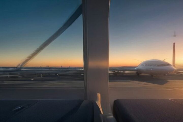 Avión estacionado en la pista visto a través del ventanal de una terminal al amanecer, con asientos vacíos en primer plano