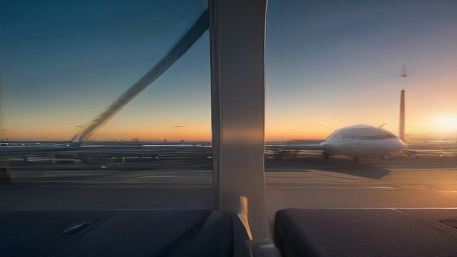 Avión estacionado en la pista visto a través del ventanal de una terminal al amanecer, con asientos vacíos en primer plano