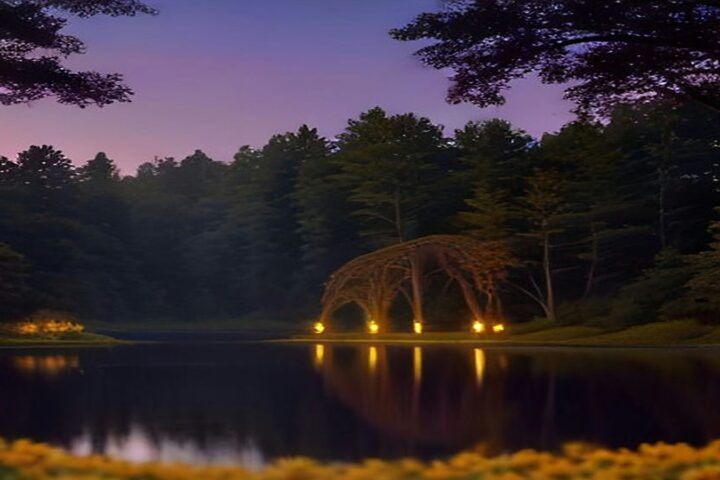 Lago de un bosque al anochecer con una estructura de arcos iluminada en la orilla, árboles altos, cielo morado y flores amarillas en primer plano