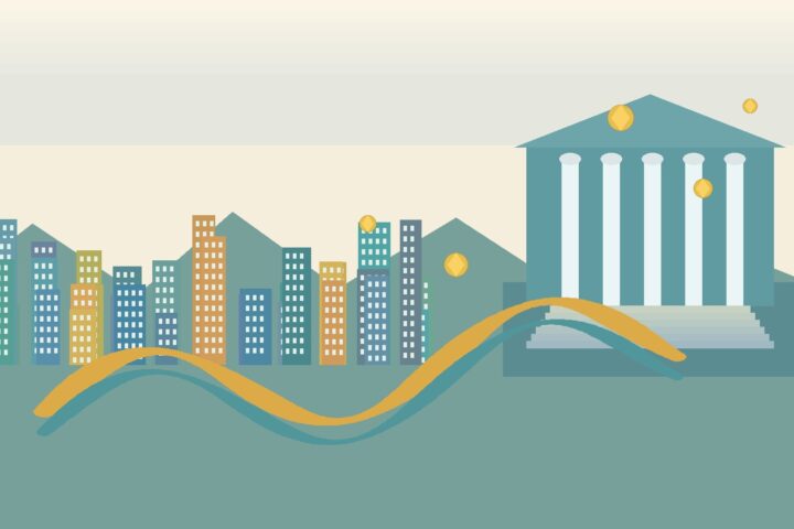 Ilustración abstracta de un edificio institucional y la ciudad conectados por flujos de inversión