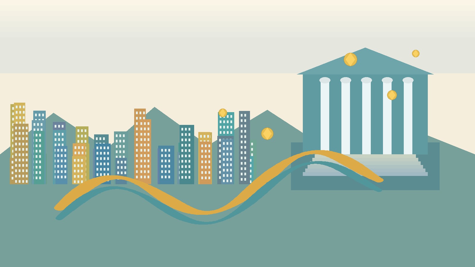 Ilustración abstracta de un edificio institucional y la ciudad conectados por flujos de inversión